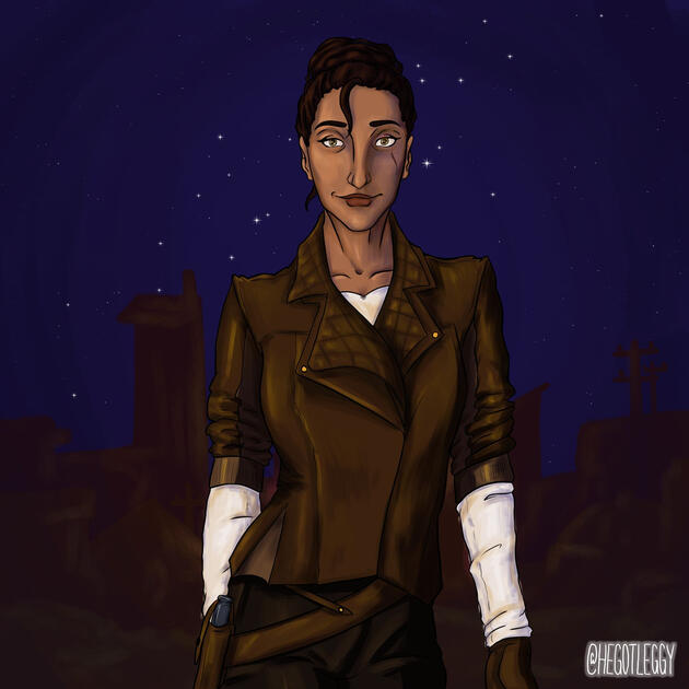 A woman with gold eyes, light brown skin, and wavy dark red-brown hair tied up in a bun is pictured from the hips up. She is wearing an asymmetrical leather jacket with sleeves rolled up to her elbows. Underneath, she has a white long-sleeved shirt, leavin