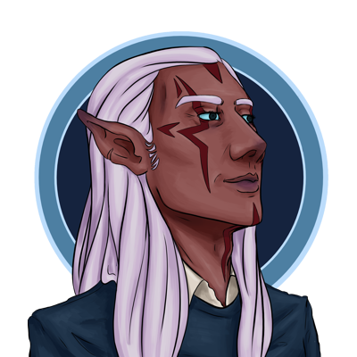 A man with a cool mid brown skin tone, red facial markings, and white hair faces 3/4 right. He is wearing a beige collared shirt under a warm blue sweater. Concentric blue circles background his head.