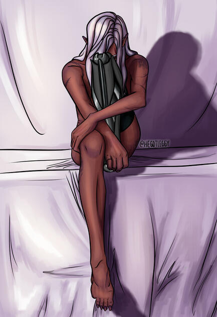 A men with a cool mid brown skin tone and a silver prosthetic leg sits on a ledge in the nude. His position, with his prosthetic leg perched on the ledge and held loosely against his body, is entirely modest. His face is mostly obscured by his knee, which