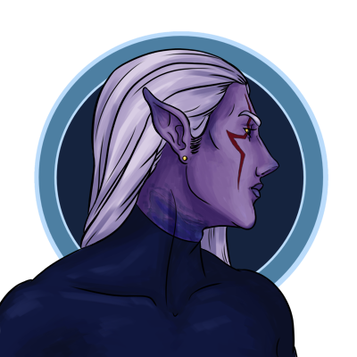 Ishka, with his usual red facial markings, with a few notably absent, and simply styled white hair is depicted in profile in his early twenties from the shoulders up. He is rather than his aged skin tone, a shade of purple. He is facing right and is wearin