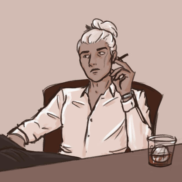 A monochromatic sketch styled waist up portrait of a man with pale brown skin an white hair styled up in a bun. He is sitting at his desk, holding a cigarillo between his fingers with his feet propped up on the desk surface. His legs are partially visible
