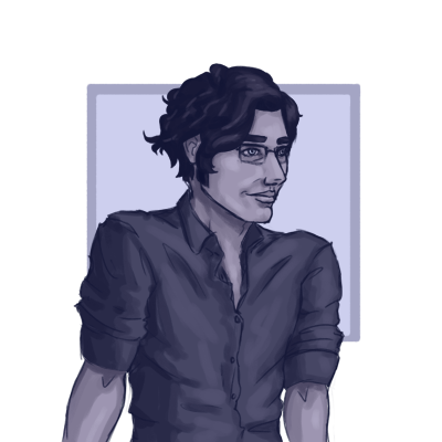 A monochromatic sketch styled waist up self portrait. He has ear-lobe length wavy hair parted on the left side and pale skin. He is facing 2/4 to his left and is placing weight on his arms, giving his shoulders a lifted appearance.