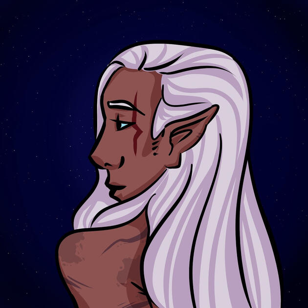 A cel-shaded portrait of a man with a cool mid brown skin tone, red facial markings, and white hair is depicted from an over-the-shoulder view, with his face in profile. His shoulder is bare, displaying his burn and gash scars, but his back is covered by h