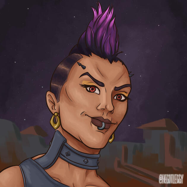 A portrait of Junker Queen from Overwatch in her "punker queen" skin, where she has a dark grey studded leather collar, a purple mohawk, gold oblong earrings, and a silver lip piercing. She has dark pink eyes with gold eyeshadow and a dusty, dark pink shad